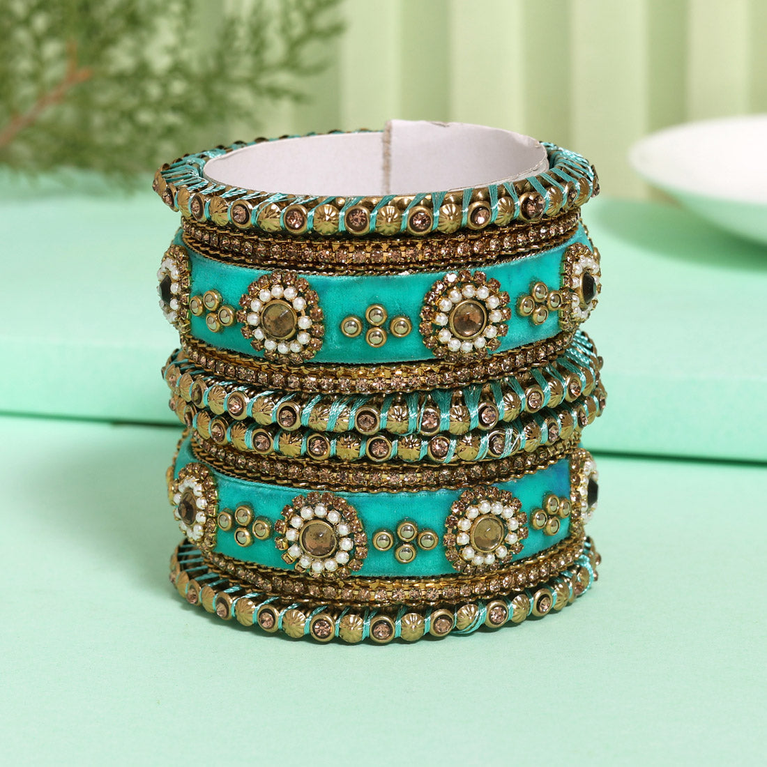 Light Green Color Velvet Work Bangle Set (TRB180LGRN) Light Green 2.4 - Preyans.com