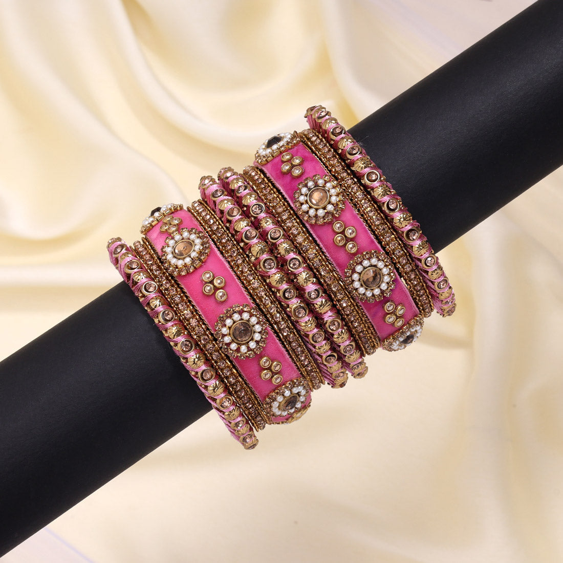 Pink Color Velvet Work Bangle Set (TRB180PNK) - Preyans.com