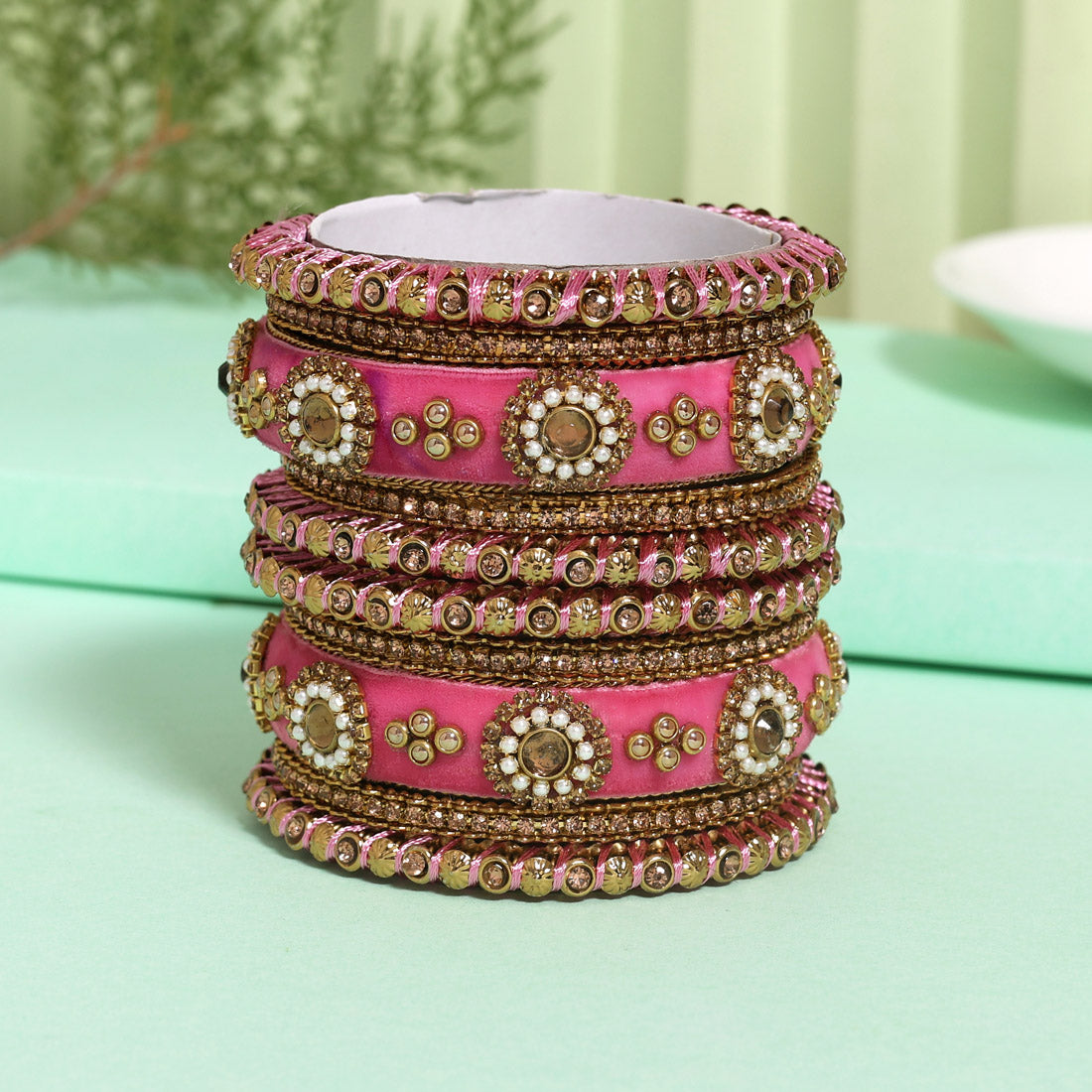 Pink Color Velvet Work Bangle Set (TRB180PNK) Pink 2.4 - Preyans.com