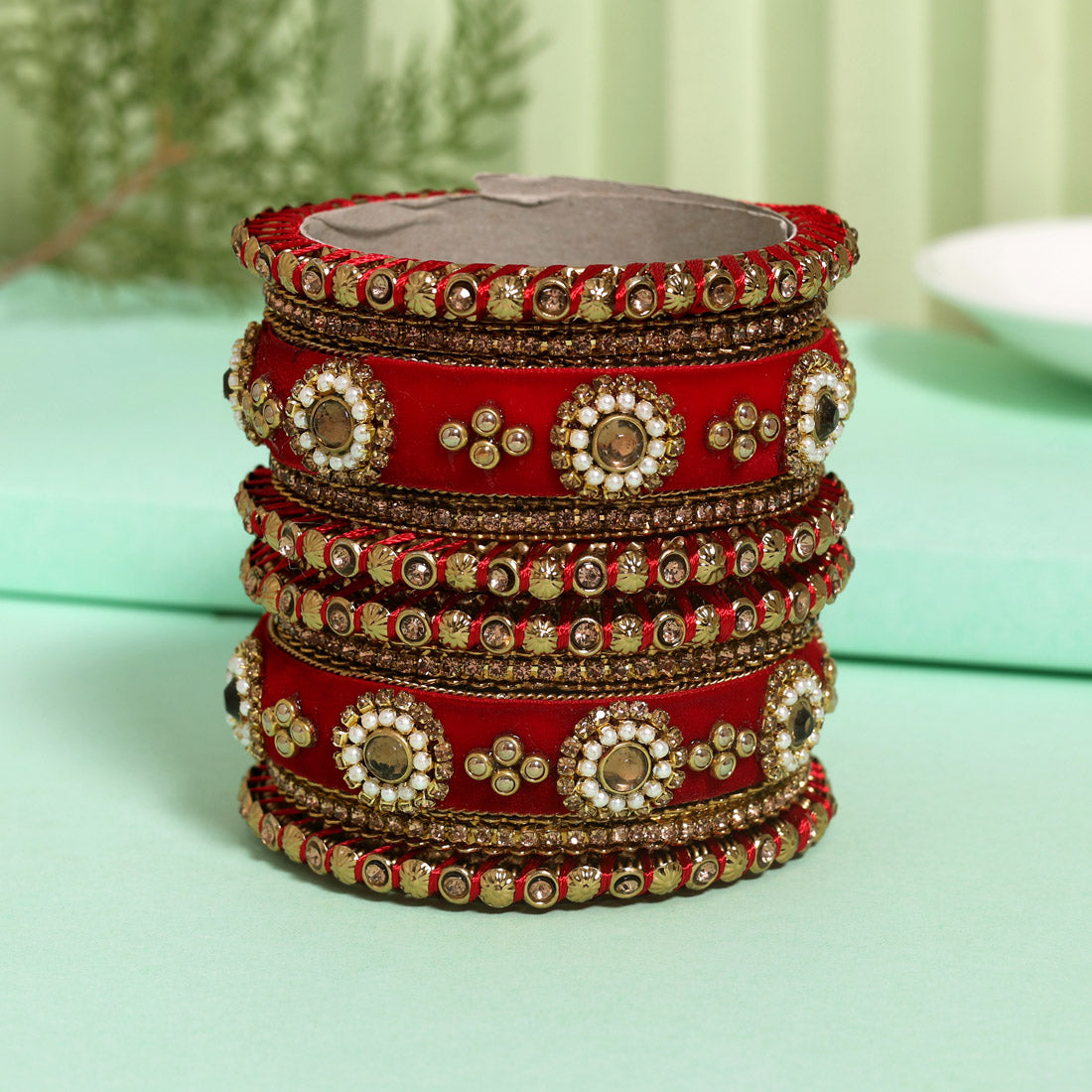 Red Color Velvet Work Bangle Set (TRB180RED) Red 2.4 - Preyans.com