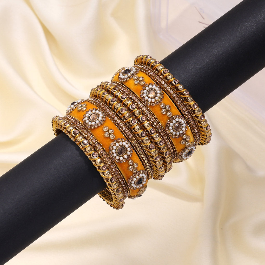 Yellow Color Velvet Work Bangle Set (TRB180YLW) - Preyans.com
