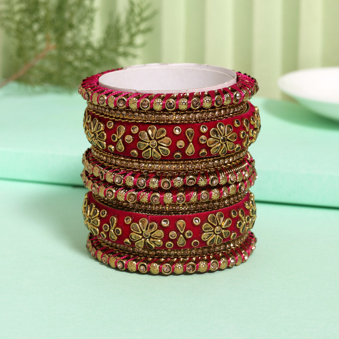 Rani Color Velvet Work Bangle Set (TRB181RNI) Rani 2.4 - Preyans.com