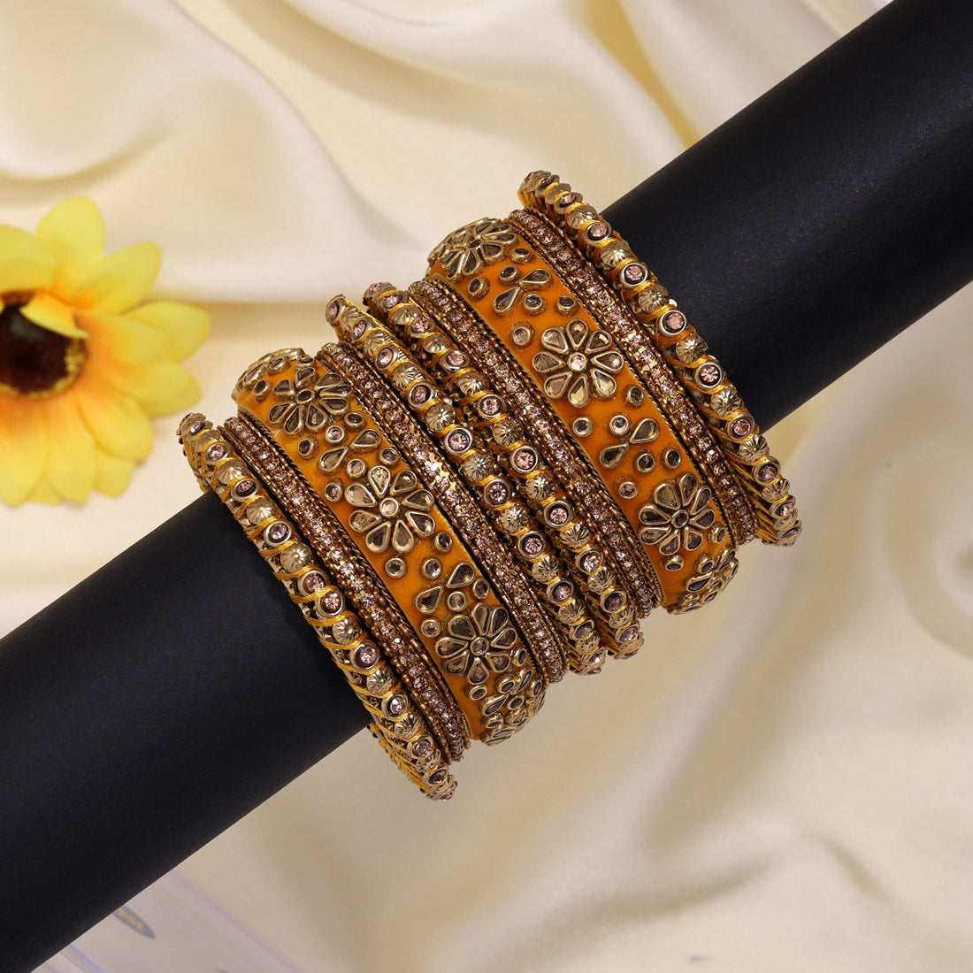 Yellow Color Velvet Work Bangle Set (TRB181YLW) - Preyans.com