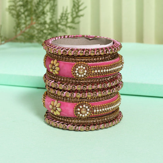 Pink Color Velvet Thread Bangle Set (TRB185PNK) Pink 2.4 - Preyans.com