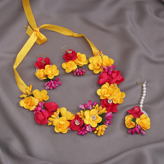 Rani & Yellow Color Synthetic Rose Floral Necklace Set (TRN1783RNIYLW) - Preyans.com